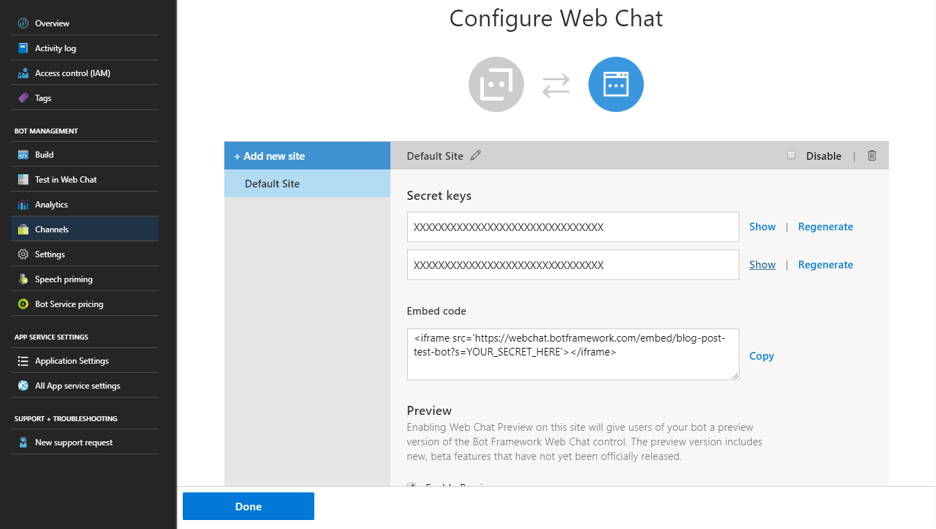 Configuring the Web Chat channel in Azure