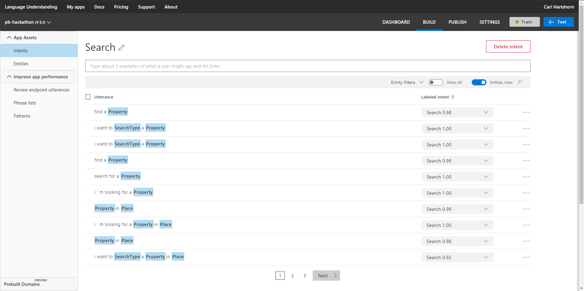 Training utterances for the Search intent in LUIS